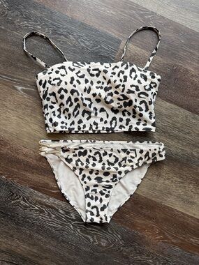 aerie Black and White Leopard Print Bandeau Bikini with removable straps